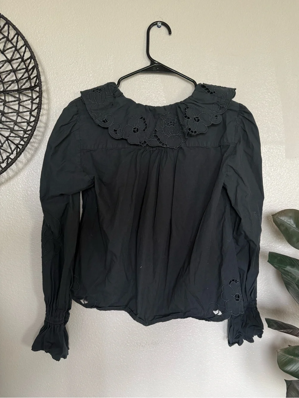 Free People Maisie Black Cutwork Eyelet Ruffle Blouse Top Size Small